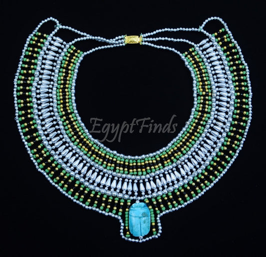 Pretty Ancient Egyptian Beaded Cleopatra Large Scarab Necklace Collar