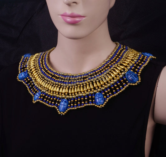 Stunning Ancient Egyptian Beaded Cleopatra 7 Scarabs Necklace Collar
