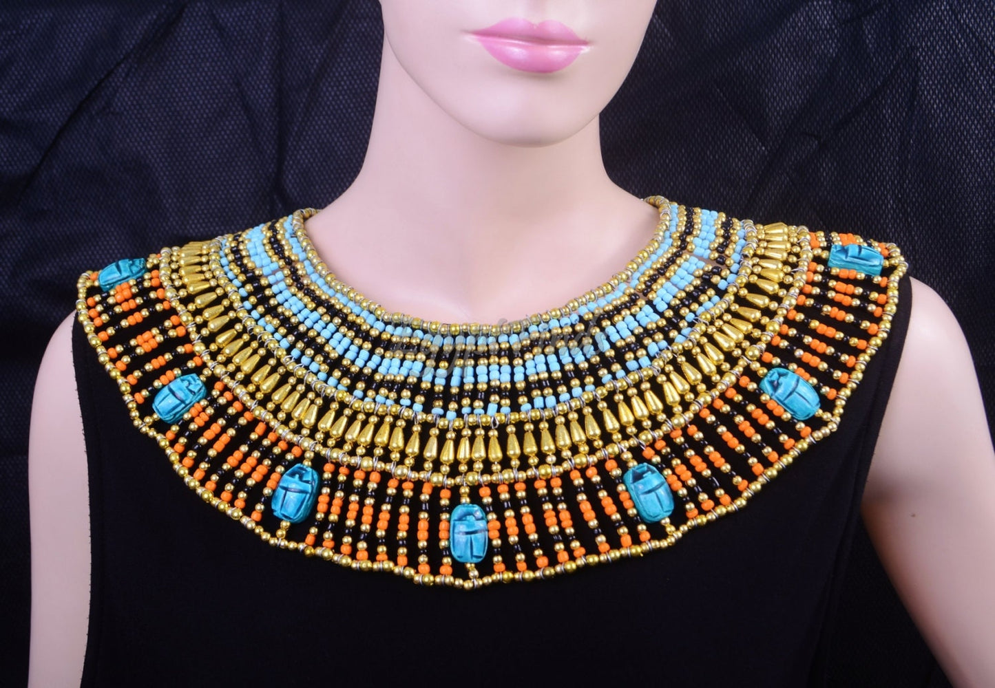 Fascinating Ancient Egyptian Beaded Cleopatra 9 Scarabs Necklace Collar