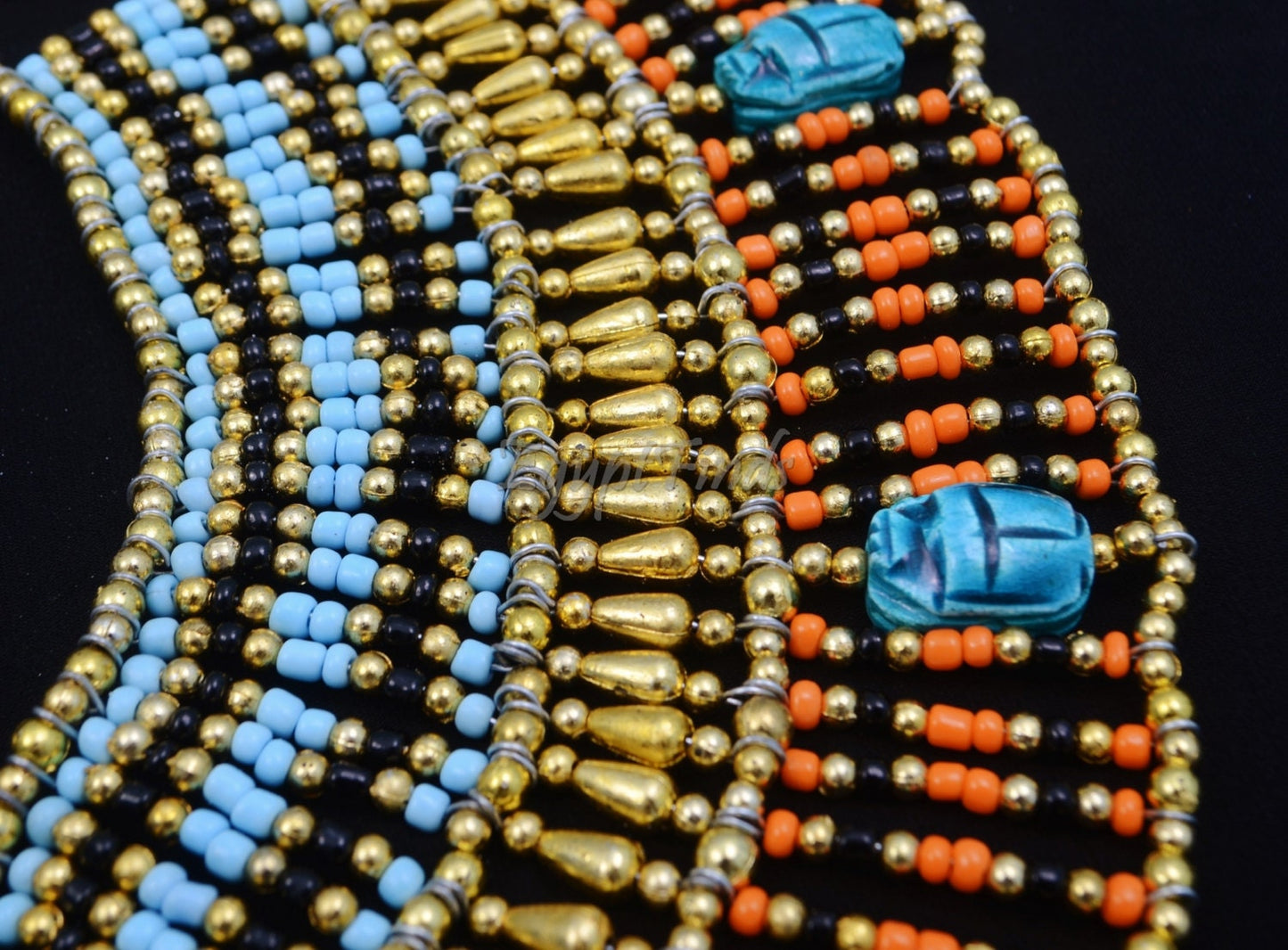 Fascinating Ancient Egyptian Beaded Cleopatra 9 Scarabs Necklace Collar