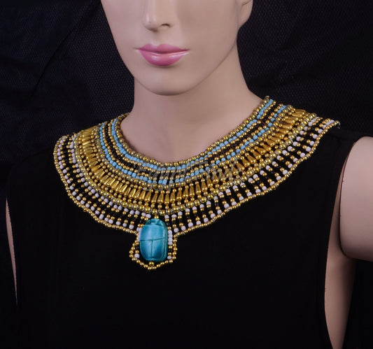Alluring Ancient Egyptian Beaded Cleopatra Large Scarabs Necklace Collar