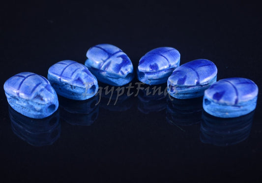 6 Ancient Egyptian Blue Hand Made Carved Luck Scarabs With Hieroglyphic
