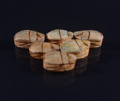 6 Egyptian Ceramic Green Hand Made Carved Luck Scarabs With Hieroglyphic