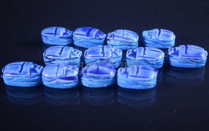 12 Egyptian Blue Ceramic Hand Made Carved Luck Scarabs With Hieroglyphic