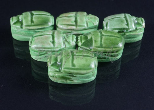 6 Ancient Egyptian Green Hand Made Carved Luck Scarabs With Hieroglyphic
