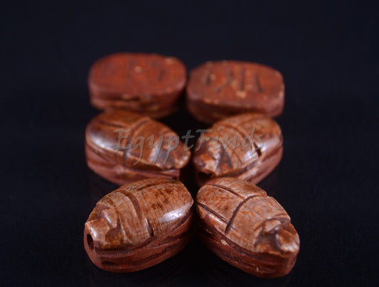 6 Egyptian Ceramic Dark Hand Made Carved Luck Scarabs With Hieroglyphic
