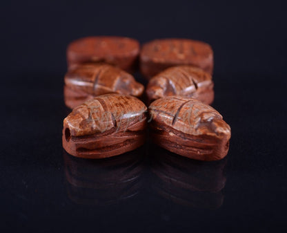 6 Egyptian Ceramic Dark Hand Made Carved Luck Scarabs With Hieroglyphic