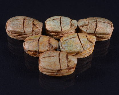 6 Egyptian Ceramic Green Hand Made Carved Luck Scarabs With Hieroglyphic