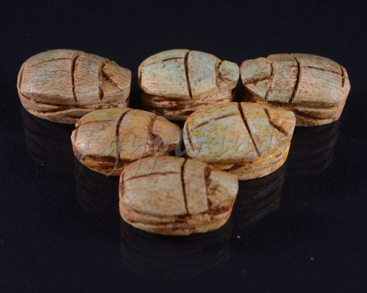 6 Egyptian Ceramic Green Hand Made Carved Luck Scarabs With Hieroglyphic