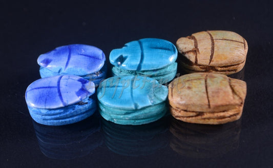 6 Egyptian Mixed Ceramic Hand Made Carved Luck Scarabs With Hieroglyphic