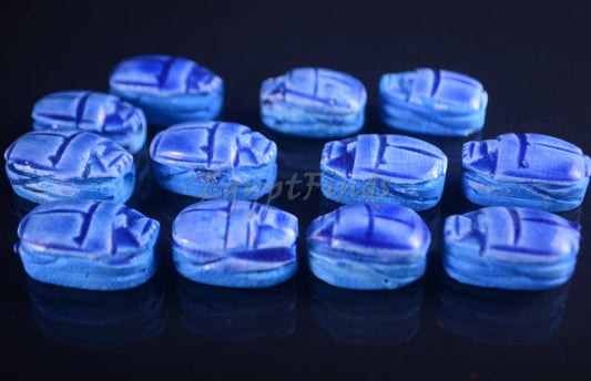 12 Egyptian Blue Ceramic Hand Made Carved Luck Scarabs With Hieroglyphic