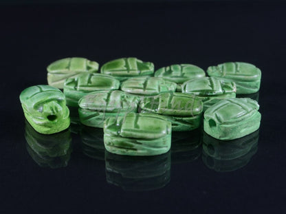 12 Egyptian Green Ceramic Hand Made Carved Luck Scarabs With Hieroglyphic