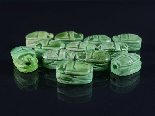 12 Egyptian Green Ceramic Hand Made Carved Luck Scarabs With Hieroglyphic