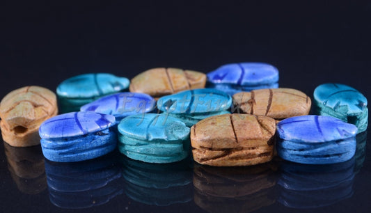 12 Egyptian Mixed Ceramic Hand Made Carved Luck Scarabs With Hieroglyphic