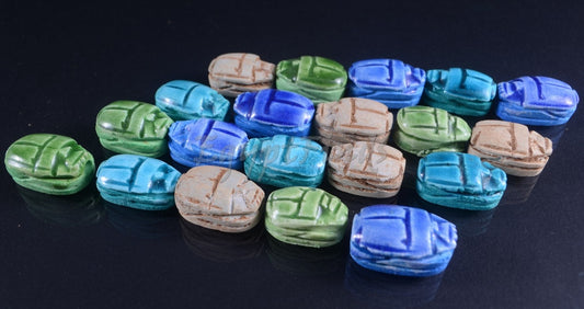 20 Egyptian Mixed Hand Made Carved Luck Scarabs With Hieroglyphic