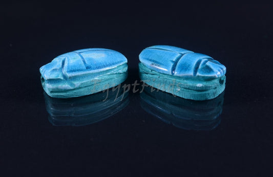 2 Large Egyptian Terquise Hand Made Carved Luck Scarabs With Hieroglyphic