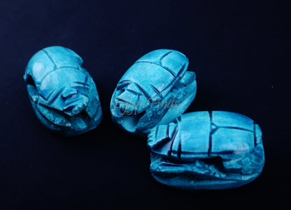 3 Large Egyptian Terquise Hand Made Carved Luck Scarabs With Hieroglyphic