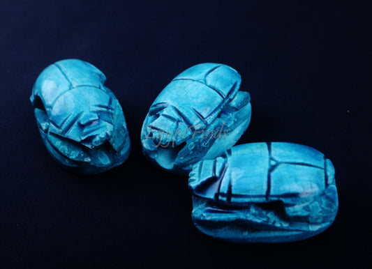 3 Large Egyptian Terquise Hand Made Carved Luck Scarabs With Hieroglyphic