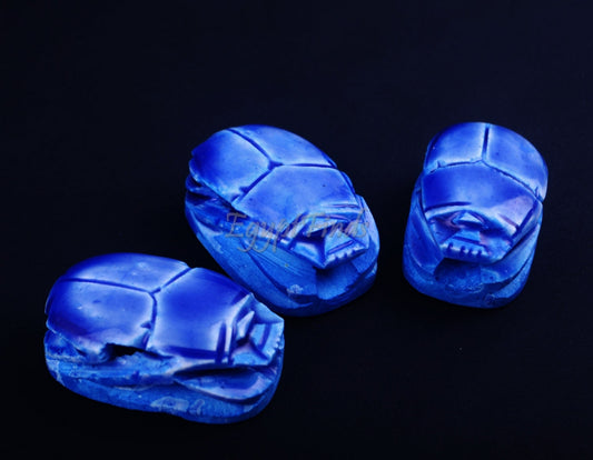3 Large Egyptian Blue Hand Made Carved Luck Scarabs With Hieroglyphic
