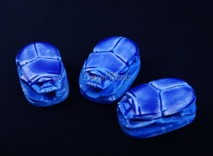 3 Large Egyptian Blue Hand Made Carved Luck Scarabs With Hieroglyphic