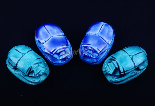 4 Large Egyptian Blue Hand Made Carved Luck Scarabs With Hieroglyphic