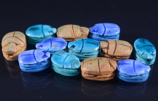 12 Egyptian Mixed Ceramic Hand Made Carved Luck Scarabs With Hieroglyphic