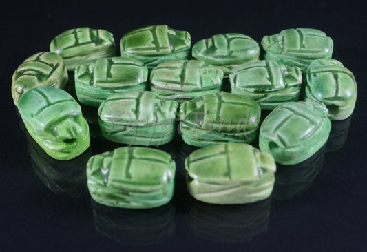 15 Egyptian Green Ceramic Hand Made Carved Luck Scarabs With Hieroglyphic