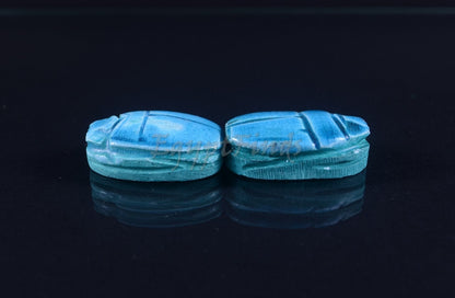 2 Large Egyptian Terquise Hand Made Carved Luck Scarabs With Hieroglyphic