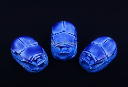 3 Large Egyptian Blue Hand Made Carved Luck Scarabs With Hieroglyphic