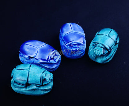4 Large Egyptian Blue Hand Made Carved Luck Scarabs With Hieroglyphic